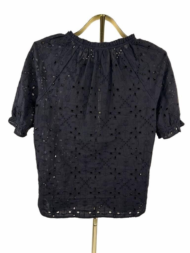 Elie Tahari Eyelet Blouse Size L Black Cotton Viscose Short Sleeve 3