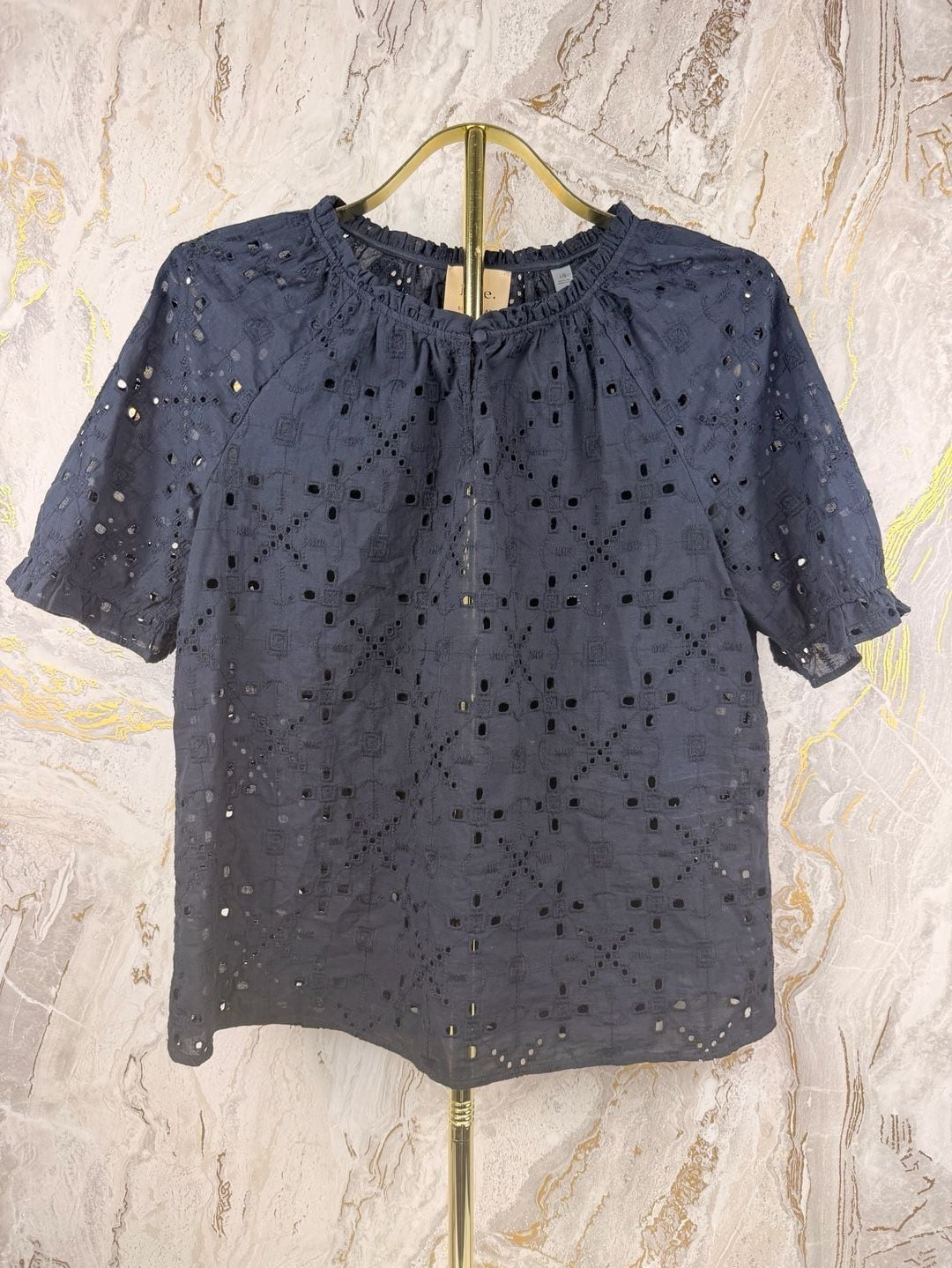 Elie Tahari Eyelet Blouse Size L Black Cotton Viscose Short Sleeve 4