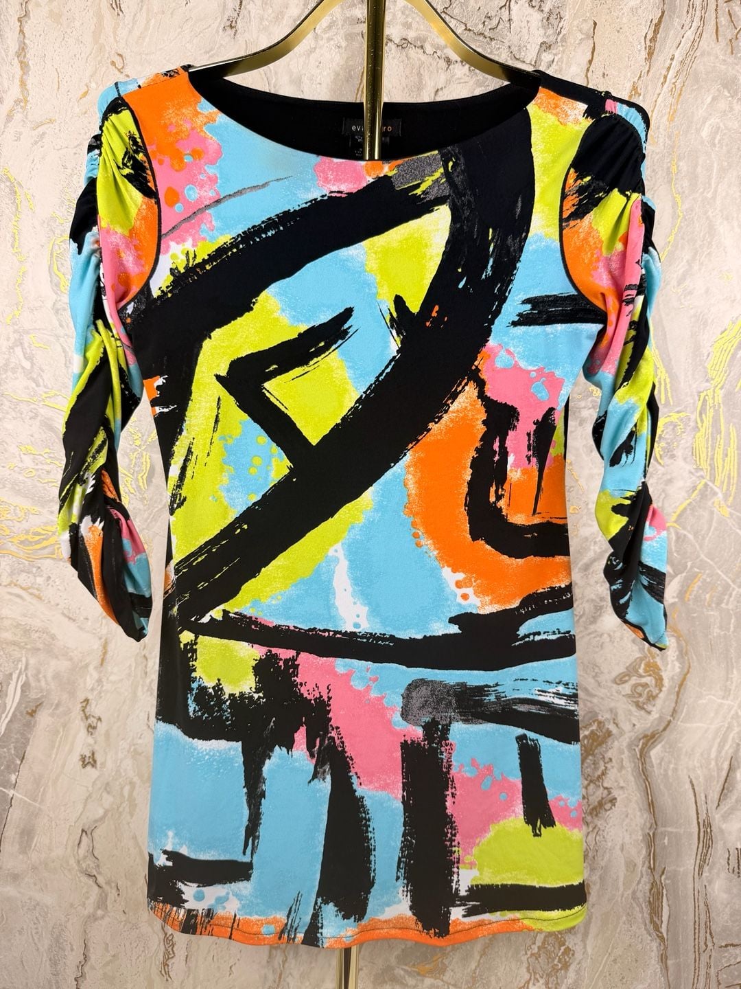 Eva Varro Dress Size XS Multi Color Abstract Print Ruched Sleeve tunic blouse 4