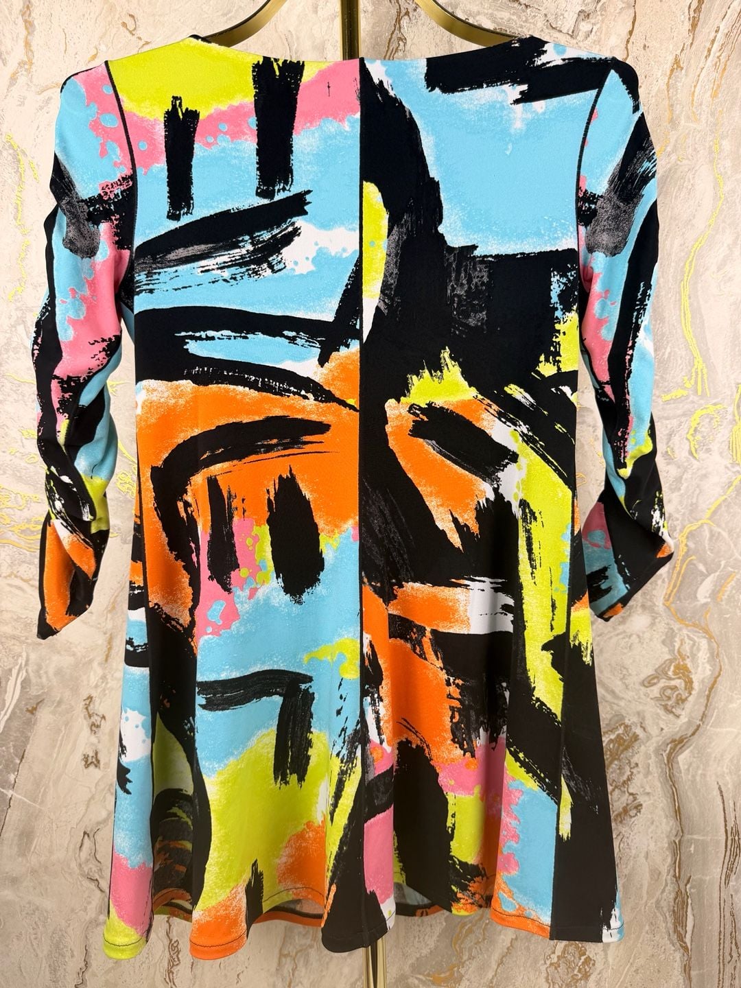 Eva Varro Dress Size XS Multi Color Abstract Print Ruched Sleeve tunic blouse 7