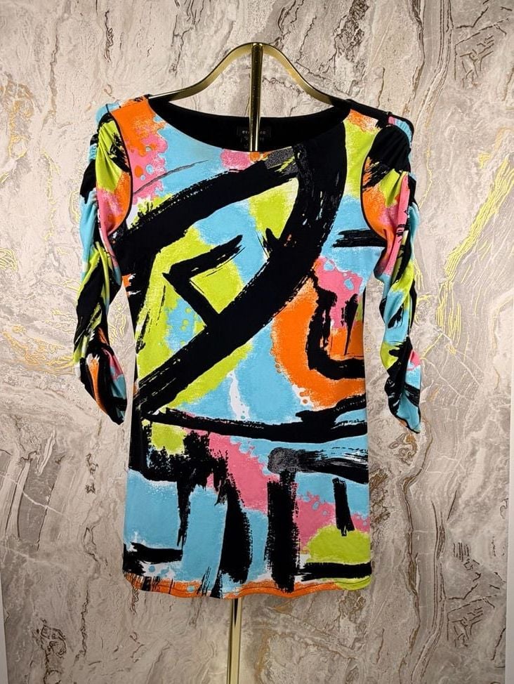 Eva Varro Dress Size XS Multi Color Abstract Print Ruched Sleeve tunic blouse 2