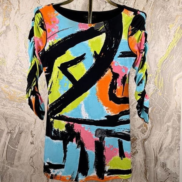 Eva Varro Dress Size XS Multi Color Abstract Print Ruched Sleeve tunic blouse 