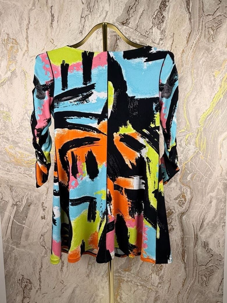 Eva Varro Dress Size XS Multi Color Abstract Print Ruched Sleeve tunic blouse 3