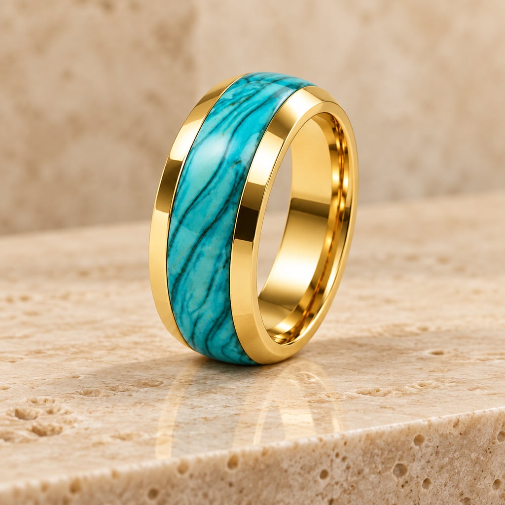 Tungsten Yellow Gold Turquoise Polished Finish 8mm Band Size 11 2
