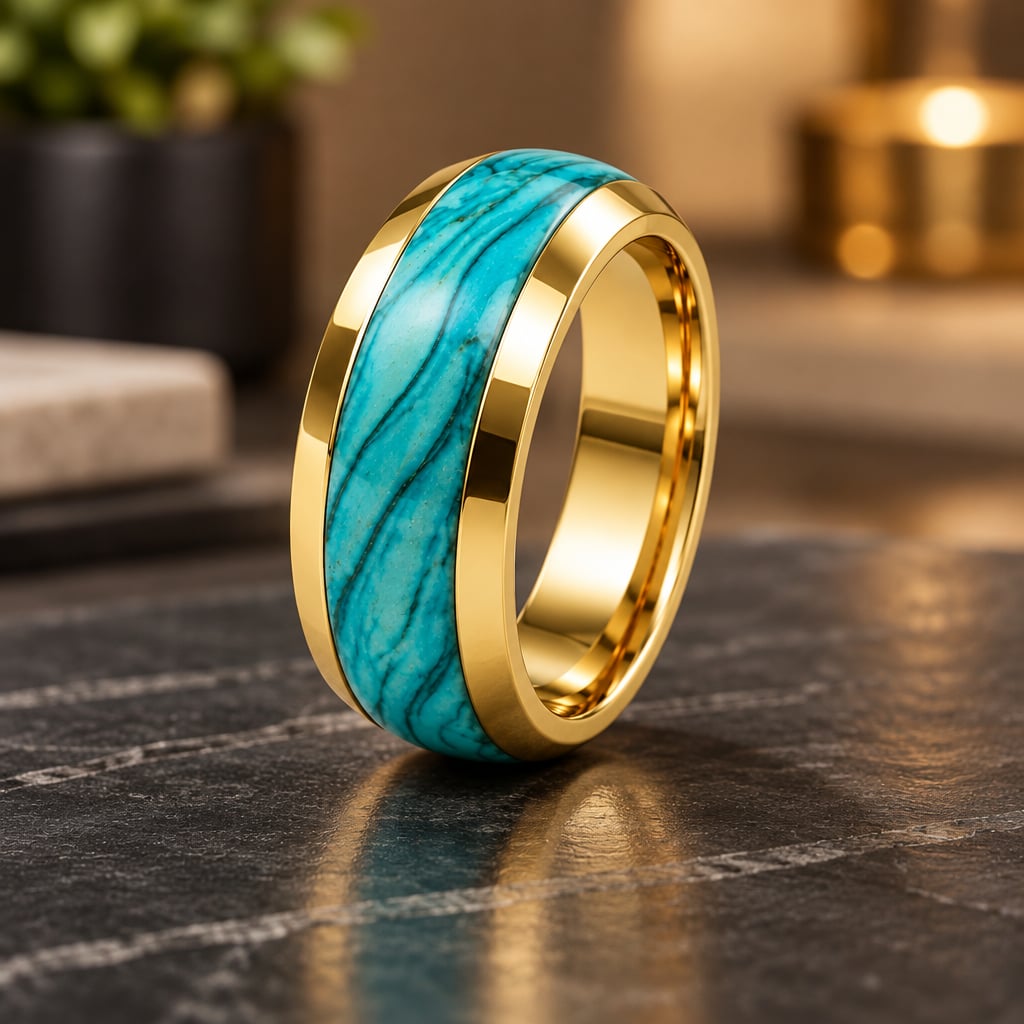 Tungsten Yellow Gold Turquoise Polished Finish 8mm Band Size 11 3