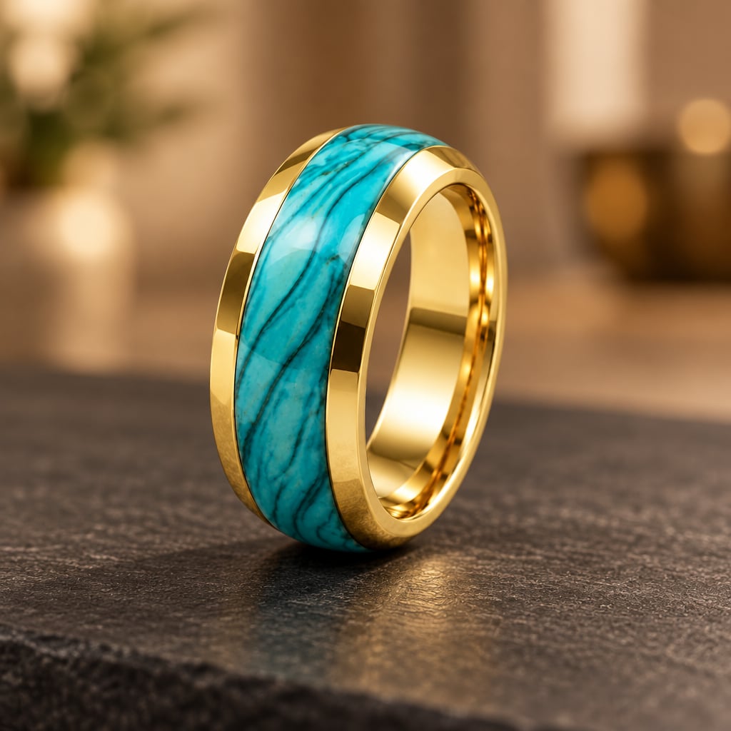 Tungsten Yellow Gold Turquoise Polished Finish 8mm Band Size 11 5