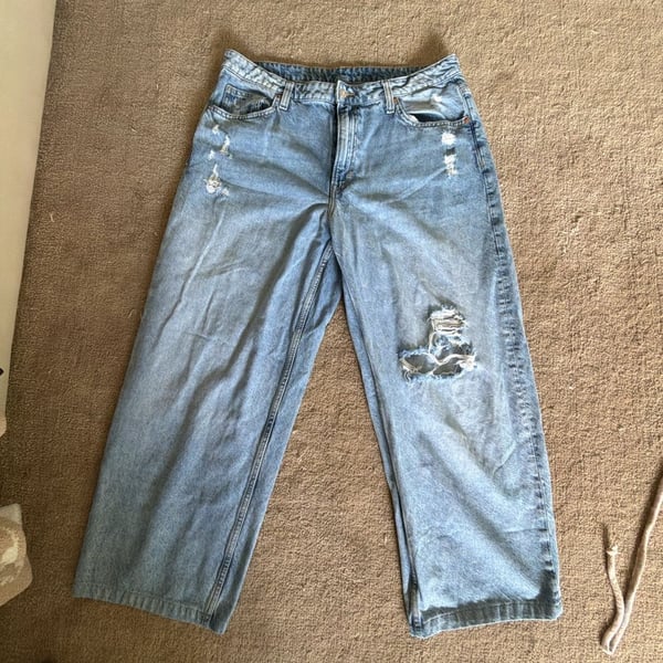 &Denim Baggy Loose Fit High Waist Jeans Size 16 Light Wash Distressed