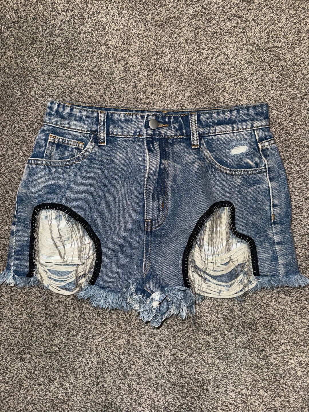 POL Denim Shorts Size M Blue Distressed Crystal Fringe Cutoffs 2