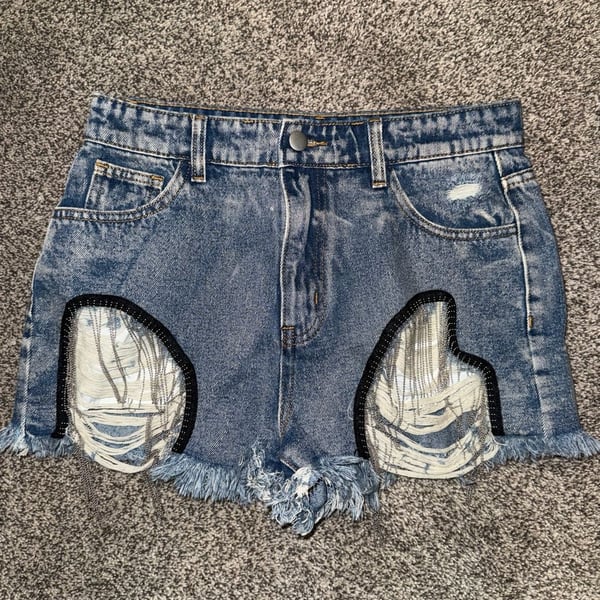 POL Denim Shorts Size M Blue Distressed Crystal Fringe Cutoffs