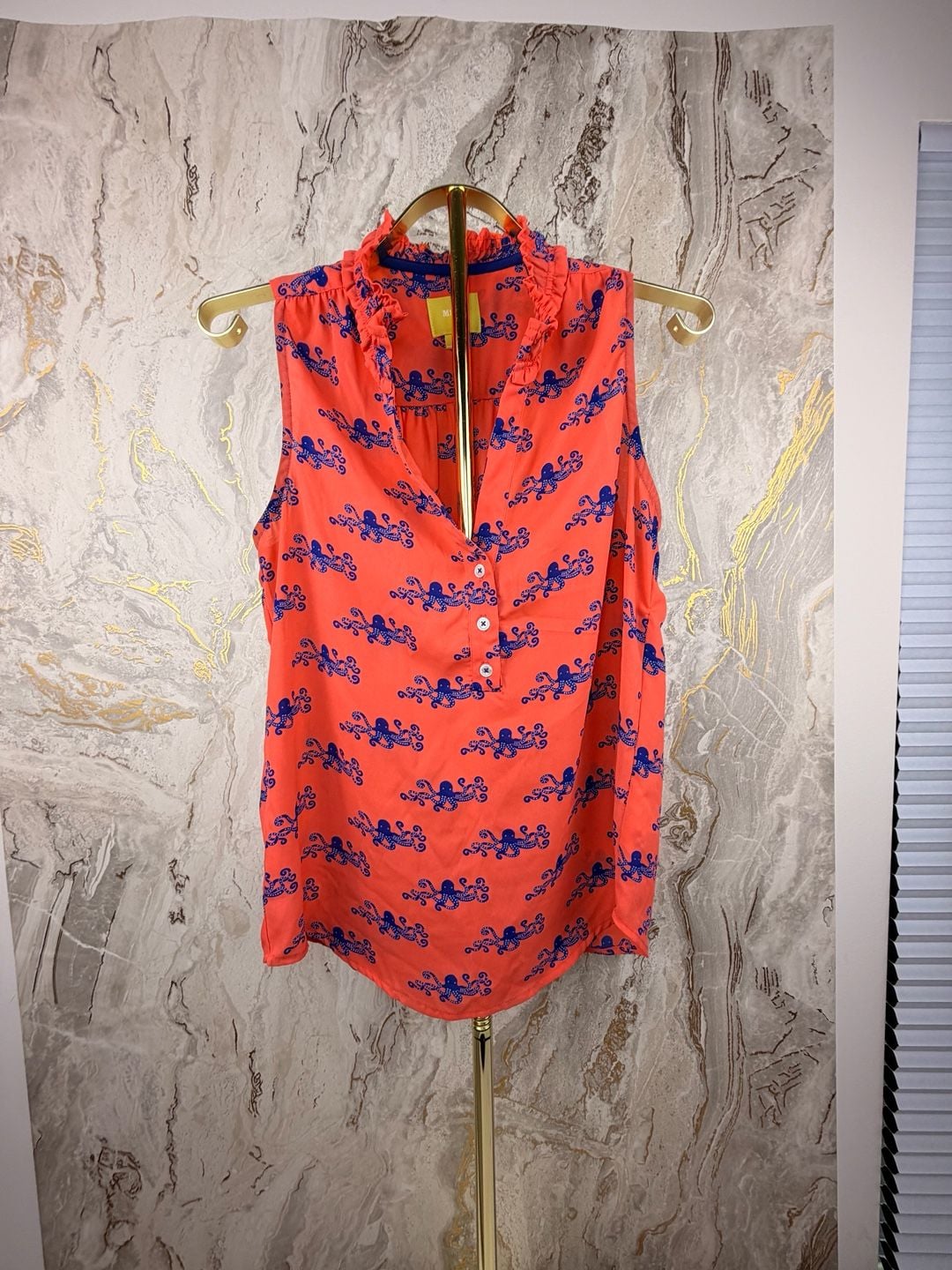 Maeve Octopus Print Blouse Size 2 Coral Ruffle Collar Sleeveless Top 2