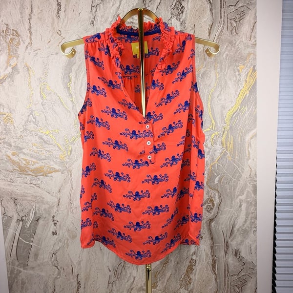 Maeve Octopus Print Blouse Size 2 Coral Ruffle Collar Sleeveless Top