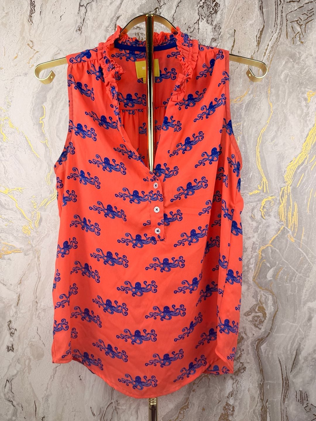 Maeve Octopus Print Blouse Size 2 Coral Ruffle Collar Sleeveless Top 4