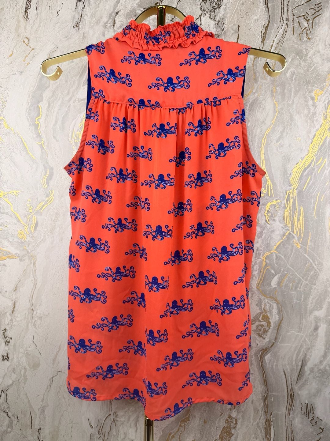 Maeve Octopus Print Blouse Size 2 Coral Ruffle Collar Sleeveless Top 7