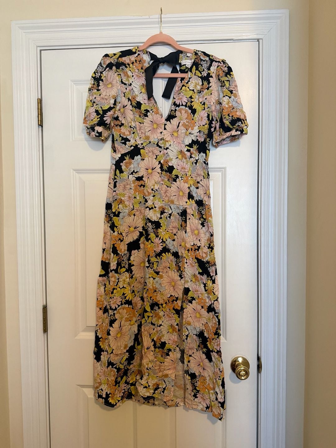 Topshop 70s Floral Midi Dress Size US 6 Black Tie Back 2