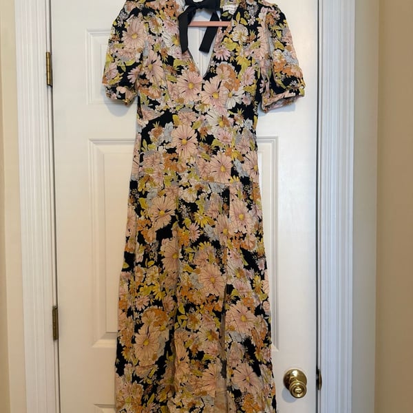 Topshop 70s Floral Midi Dress Size US 6 Black Tie Back
