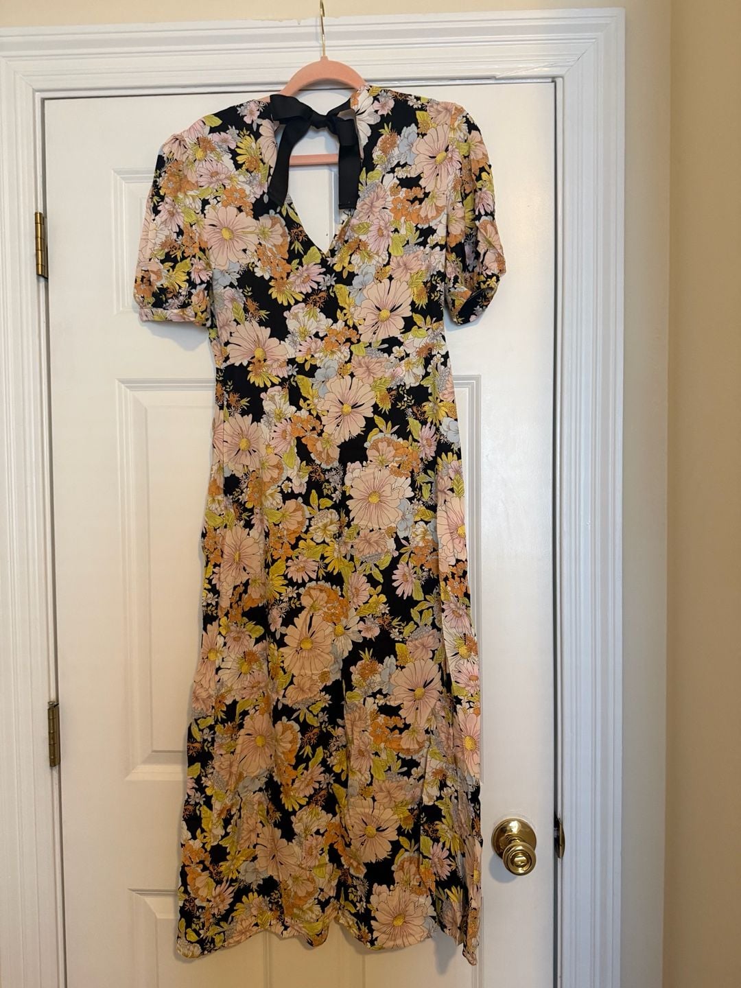 Topshop 70s Floral Midi Dress Size US 6 Black Tie Back 5