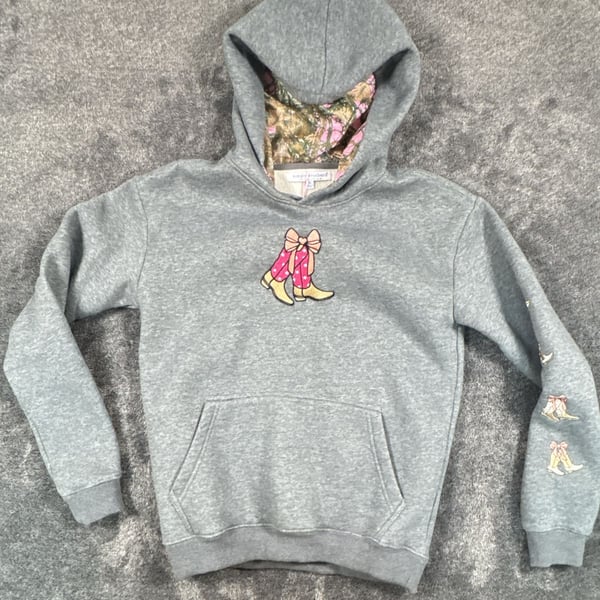 Simply Southern Boot Scootin Hoodie Size S Grey Camo Cowboy Boots