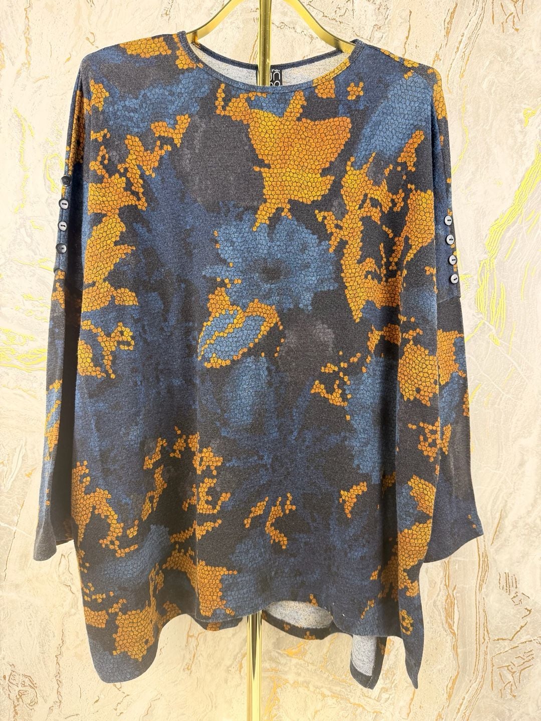 Clara Sunwoo Tapestry Boyfriend Sweater Size M Blue And Gold Abstract 5