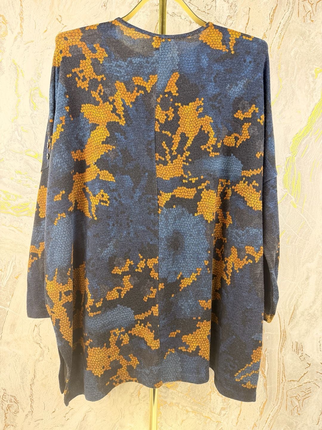 Clara Sunwoo Tapestry Boyfriend Sweater Size M Blue And Gold Abstract 7