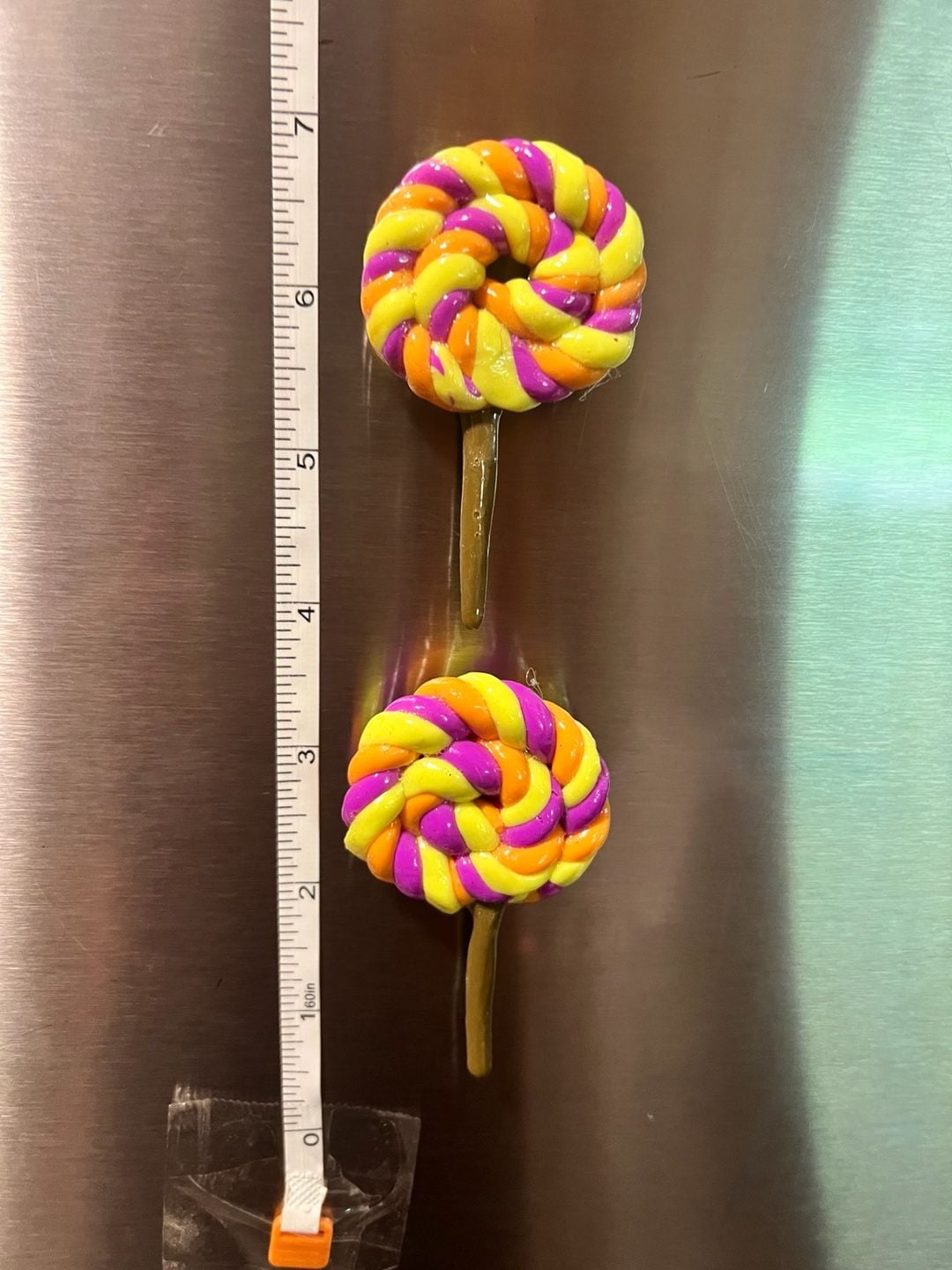 Handmade Polymer Clay Swirl Lollipop Magnets Purple Orange Yellow Pair 1