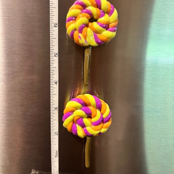 Handmade Polymer Clay Swirl Lollipop Magnets Purple Orange Yellow Pair