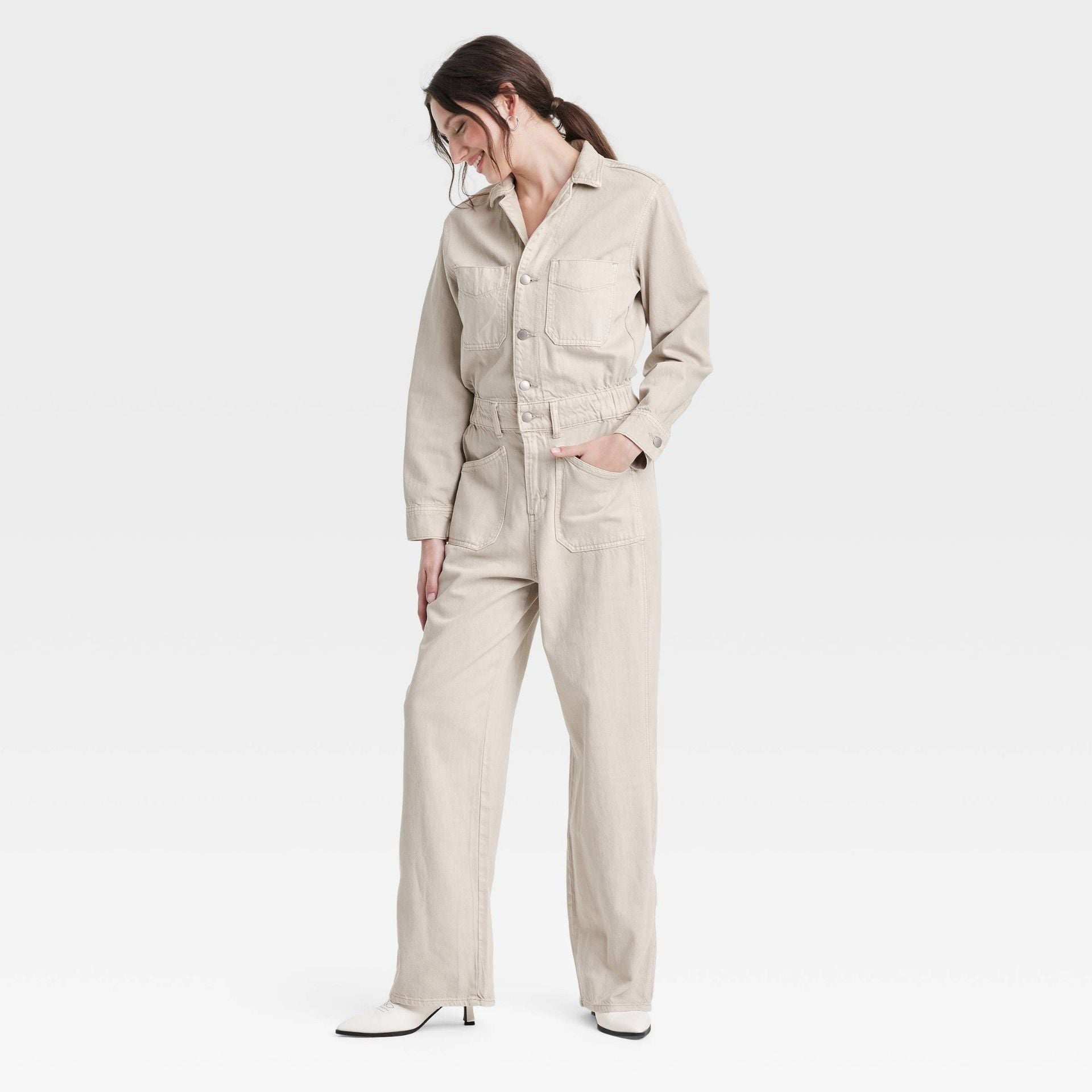 Universal Thread Denim Baggy Jumpsuit Tan Off-White Utility Boiler Suit Overall, size 2 3