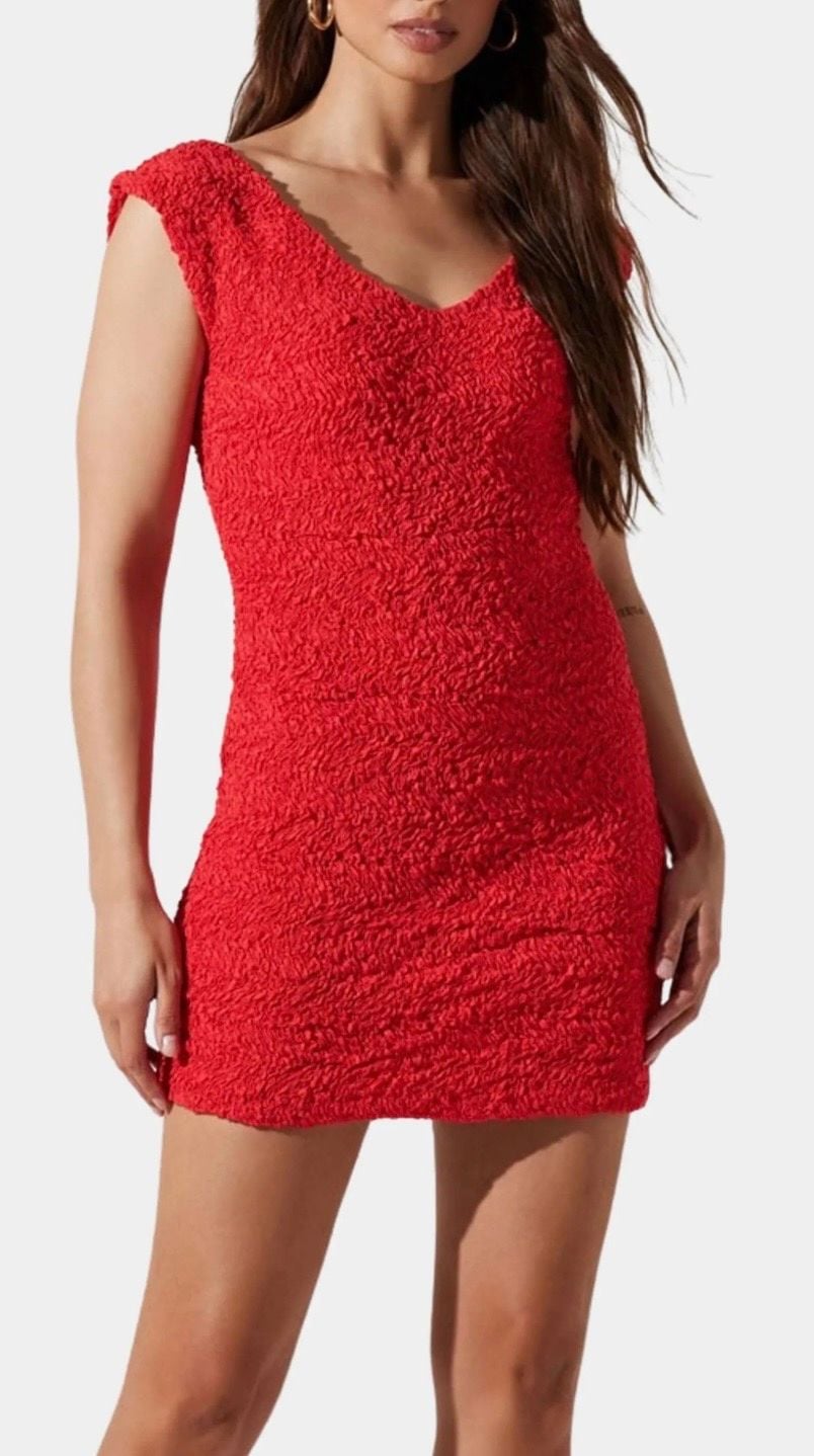 ASTR the Label Odelle Minidress Size L Red Textured Boucle V-Neck 9