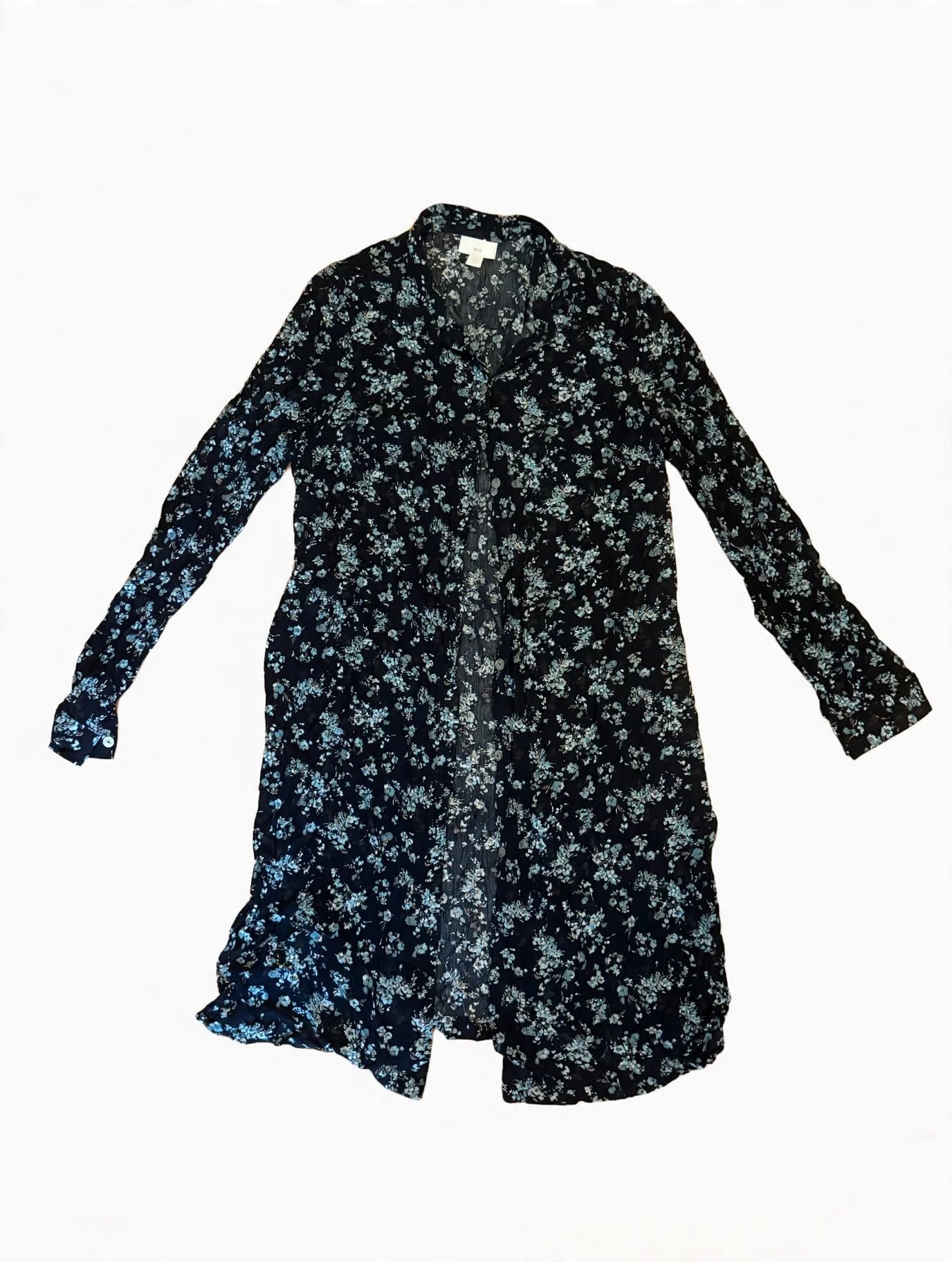 J.Jill Floral Shirt Dress Size S Tall Black Blue Long Sleeve Button-Down 9