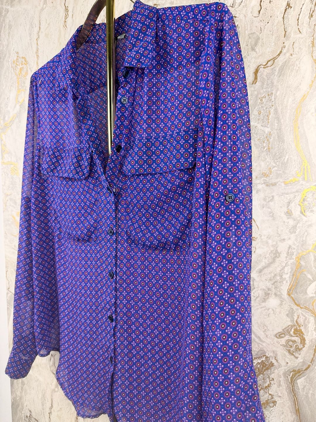 Kut From The Kloth Button Down Shirt Size M Blue Geometric Sheer Blouse 5
