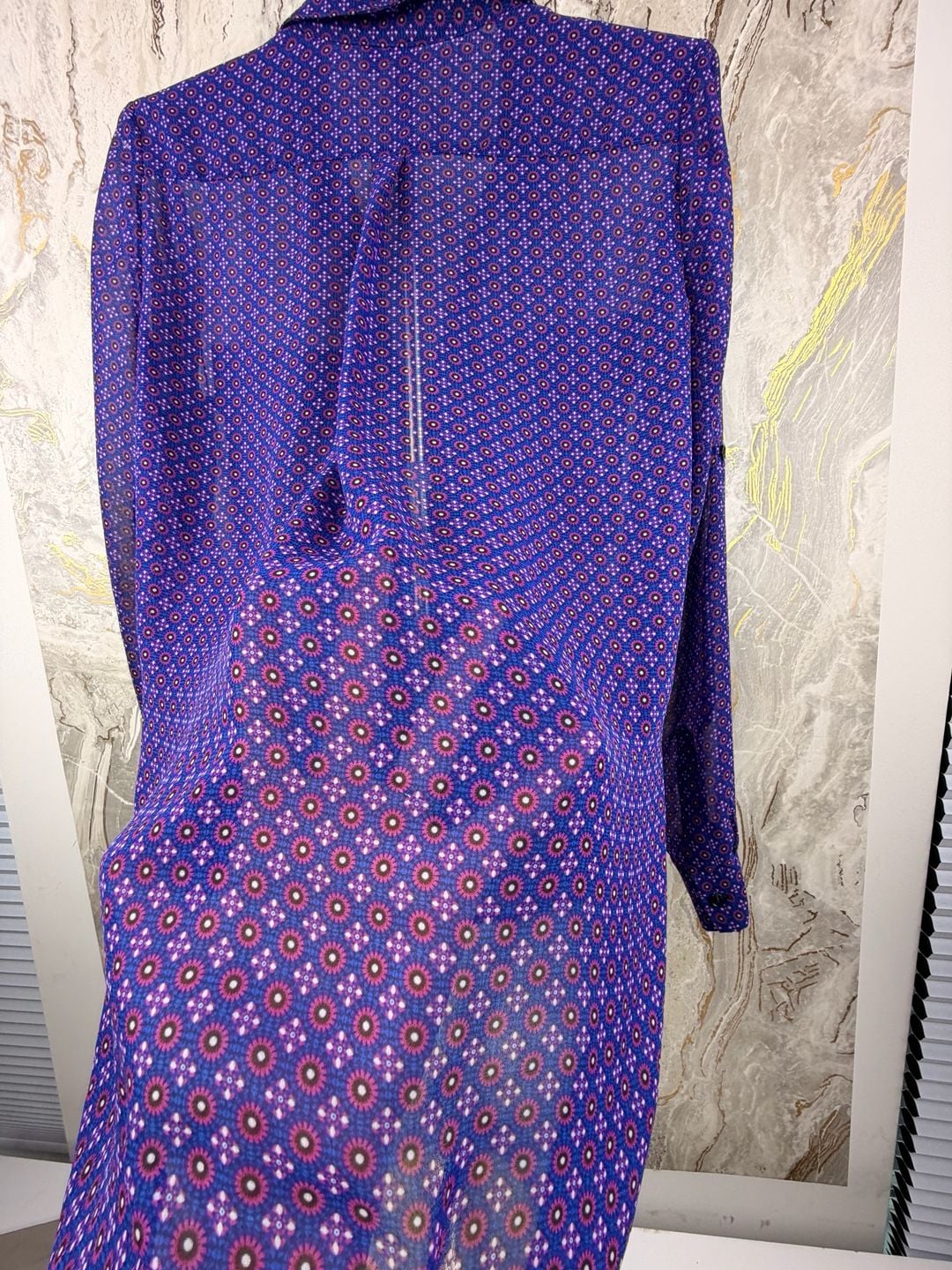 Kut From The Kloth Button Down Shirt Size M Blue Geometric Sheer Blouse 6