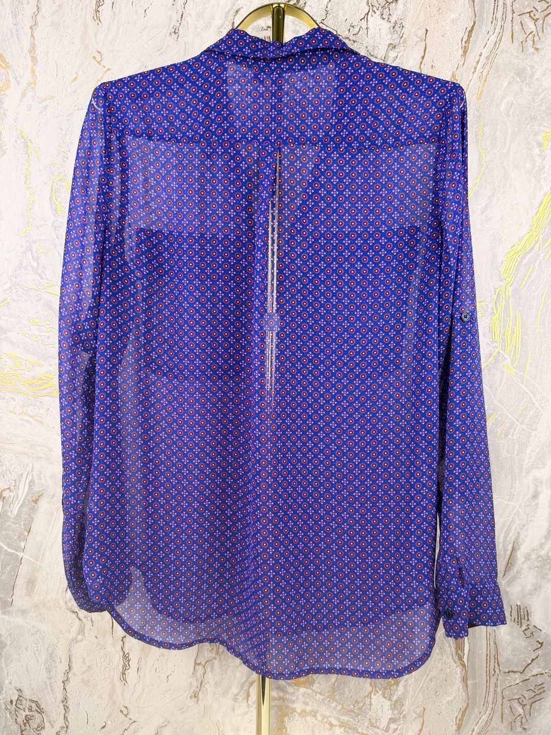 Kut From The Kloth Button Down Shirt Size M Blue Geometric Sheer Blouse 7