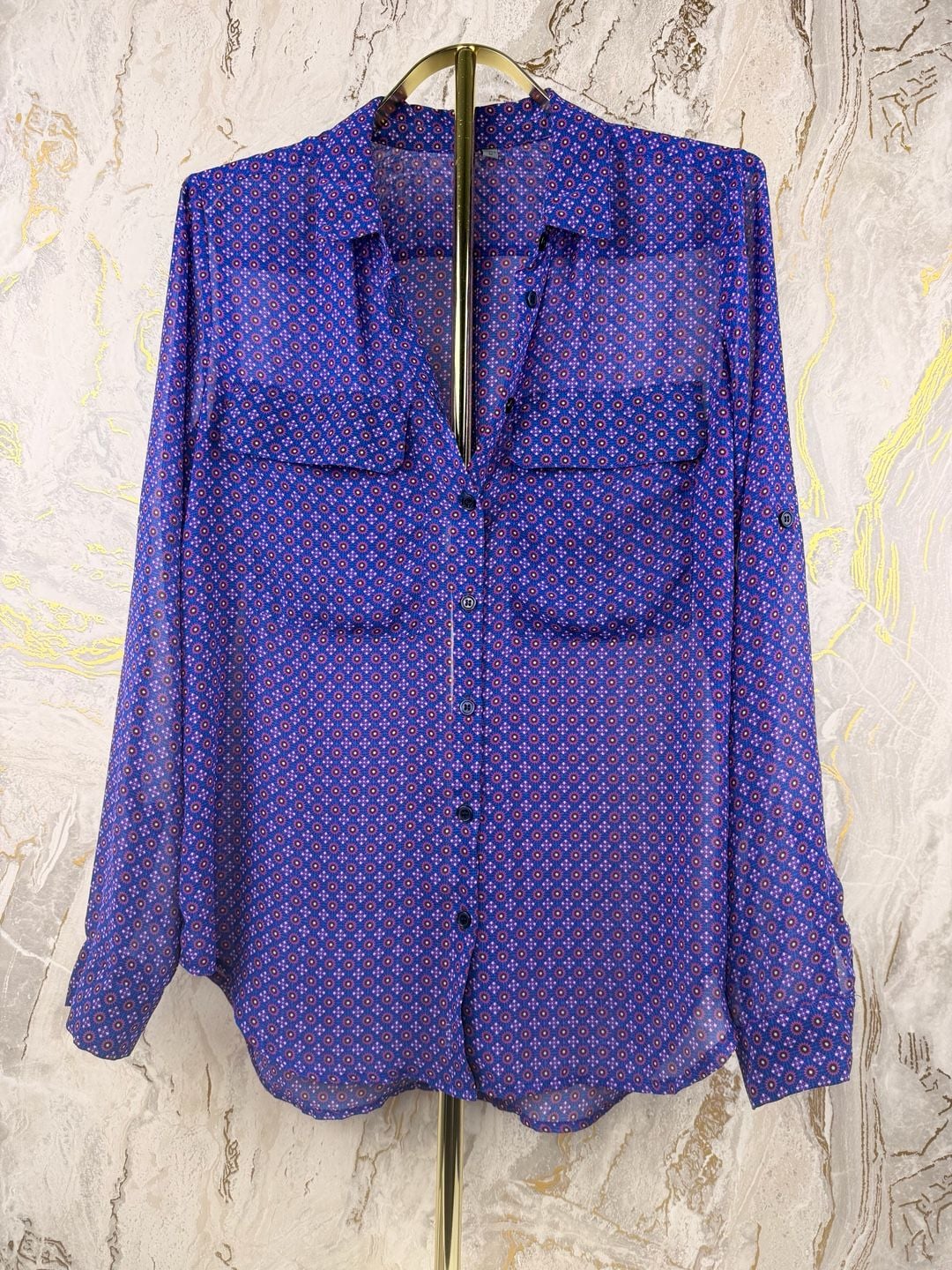 Kut From The Kloth Button Down Shirt Size M Blue Geometric Sheer Blouse 8