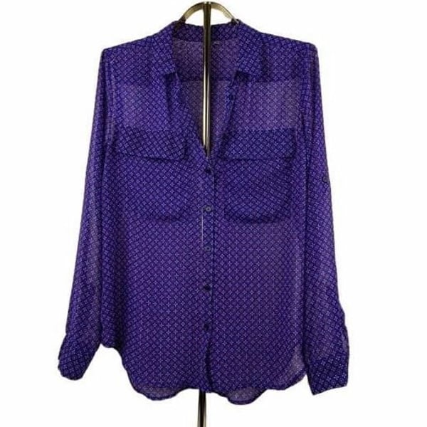 Kut From The Kloth Button Down Shirt Size M Blue Geometric Sheer Blouse