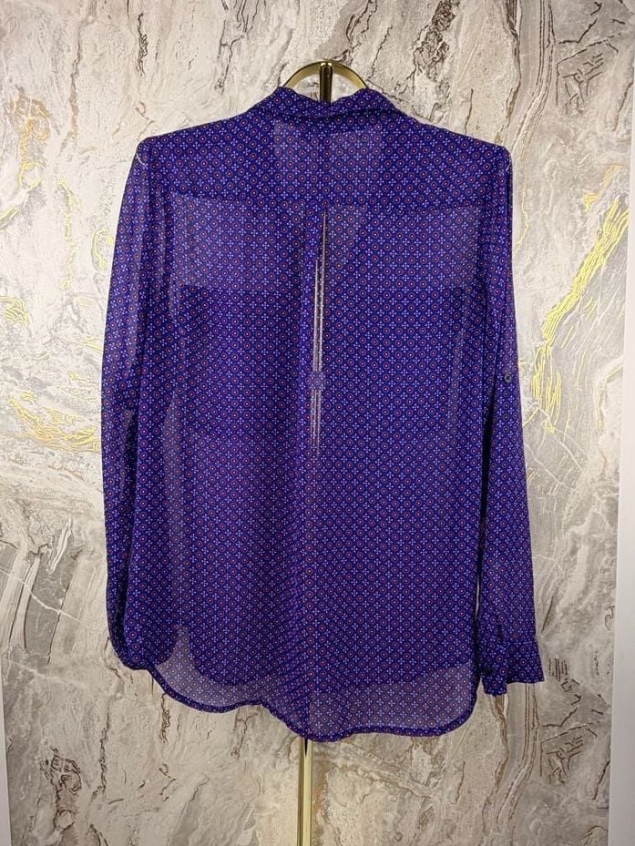 Kut From The Kloth Button Down Shirt Size M Blue Geometric Sheer Blouse 3