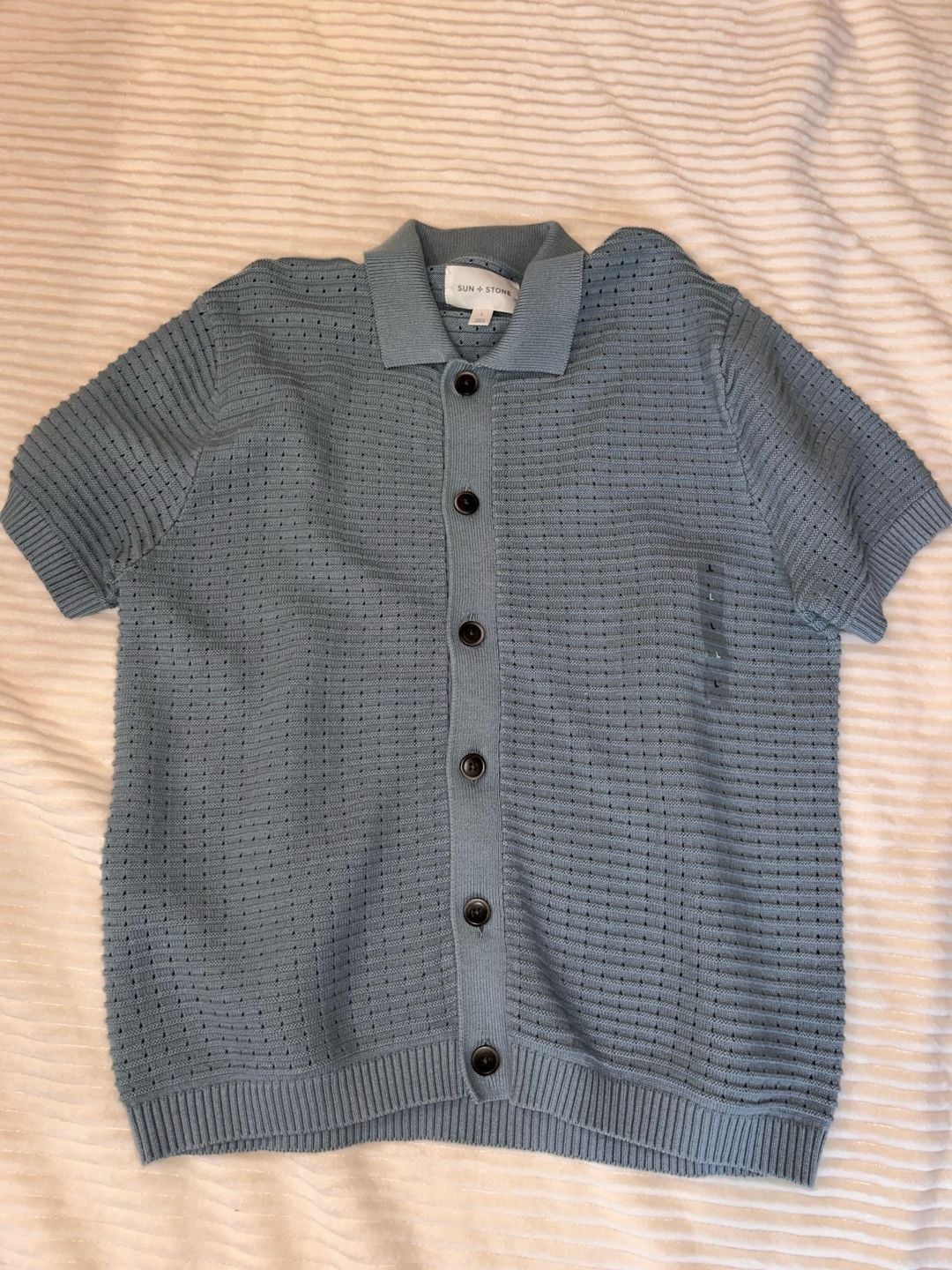 Men’s Sun + Stone Cooper Short Sleeve Knit Sweater Size L Blue 2