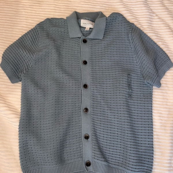 Men’s Sun + Stone Cooper Short Sleeve Knit Sweater Size L Blue