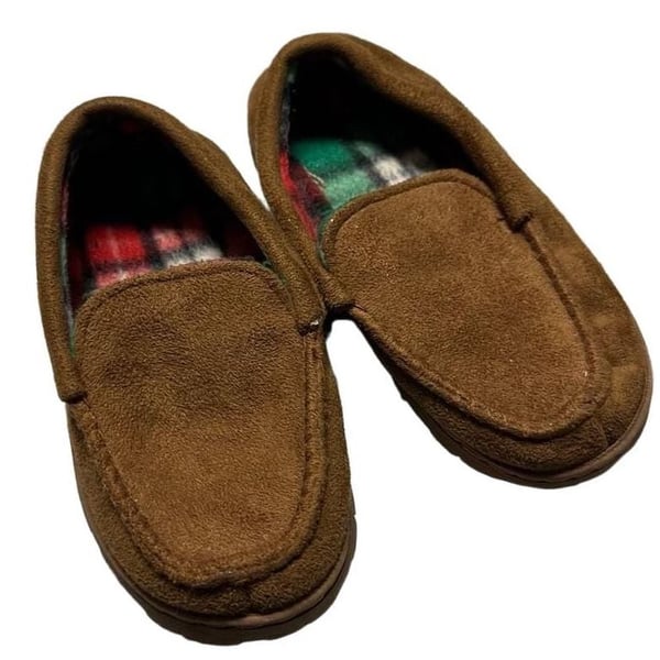 Toddler Brown Moccasin Slippers Size 11/12 Plaid Lining