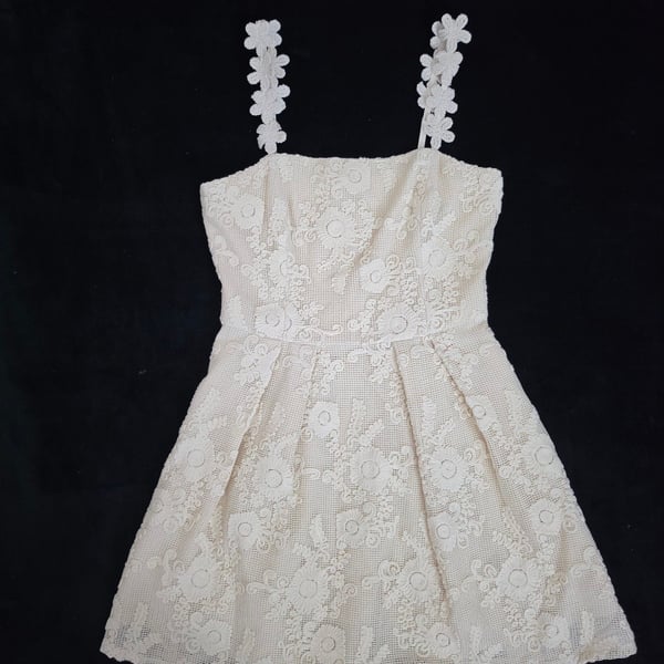 Just Me Lace Mini Dress Ivory Cream 3D Floral Crochet Straps Skater Fit Flare, Small