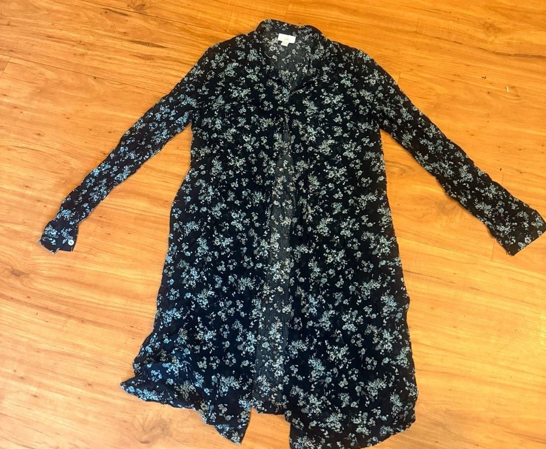 J.Jill Floral Shirt Dress Size S Tall Black Blue Long Sleeve Button-Down 10