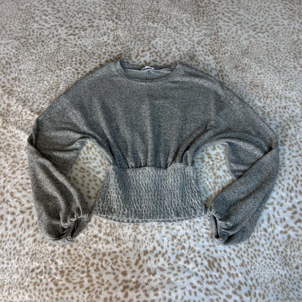Zara Gray Bubble Sleeve Top Size S Smocked Waist Sweater