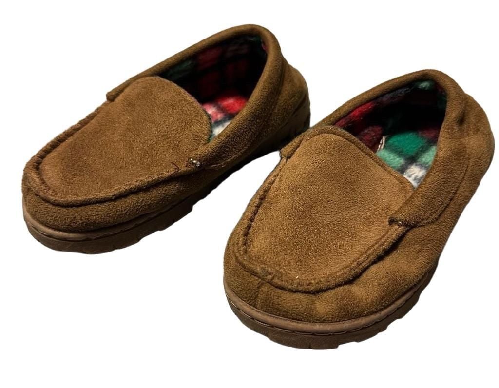 Toddler Brown Moccasin Slippers Size 11/12 Plaid Lining 5