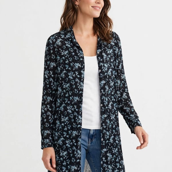 J.Jill Floral Shirt Dress Size S Tall Black Blue Long Sleeve Button-Down