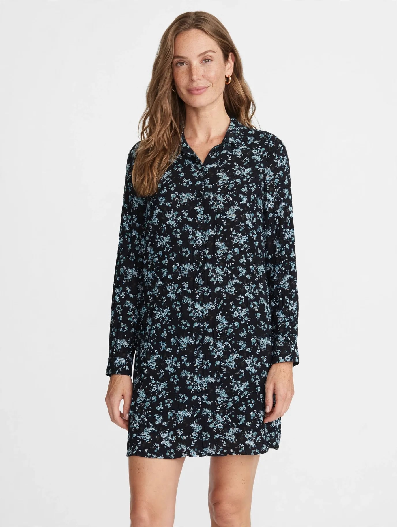 J.Jill Floral Shirt Dress Size S Tall Black Blue Long Sleeve Button-Down 11