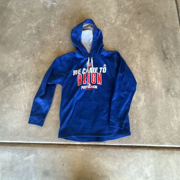 Majestic Chicago Cubs We Came to Reign Postseason Hoodie Size M Blue
