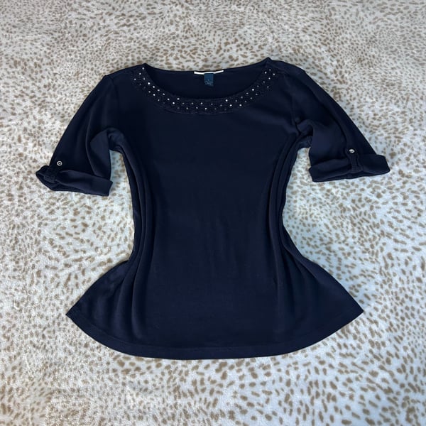 Karen Scott Embellished Neckline 3/4 Sleeve Top Size L Navy