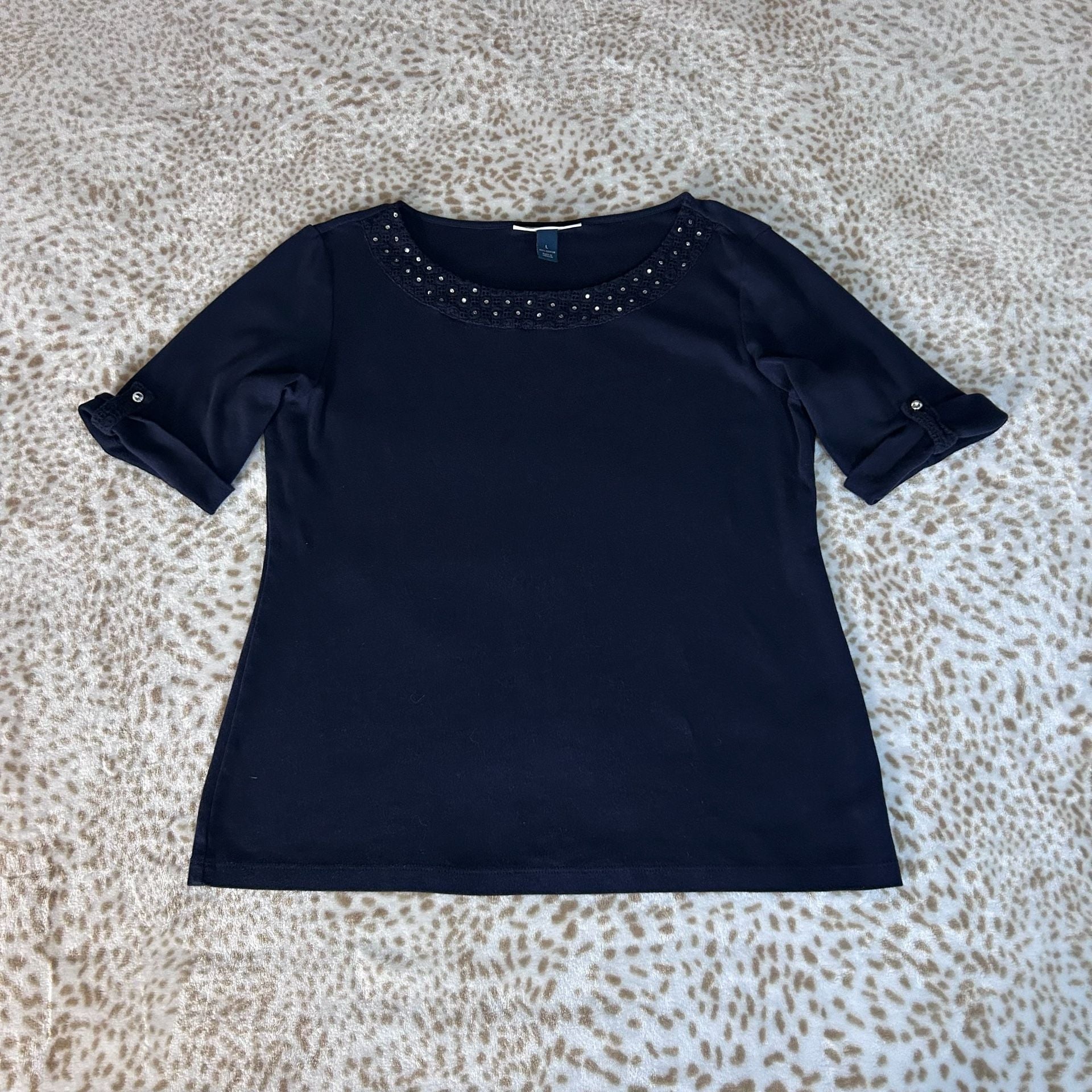 Karen Scott Embellished Neckline 3/4 Sleeve Top Size L Navy 3