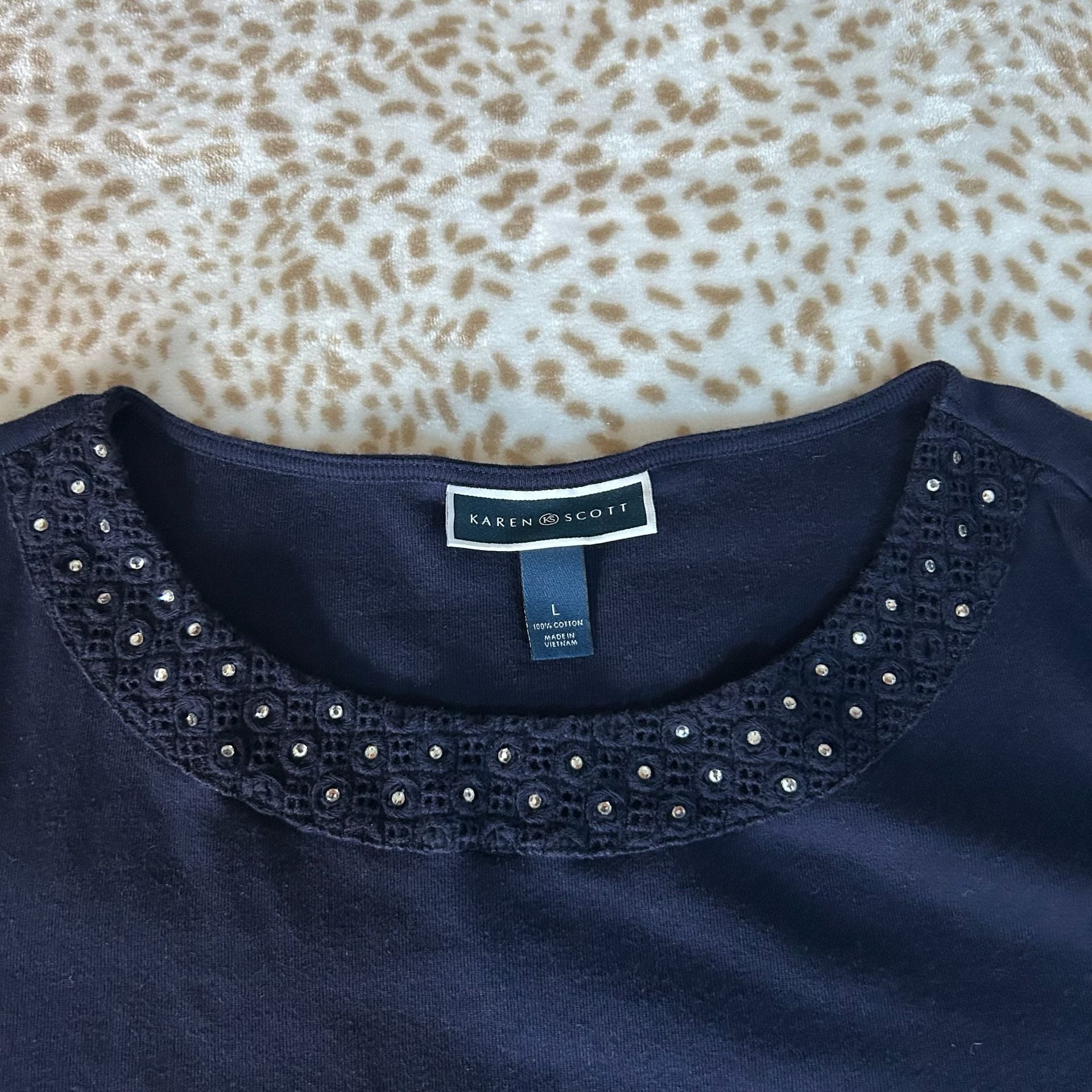 Karen Scott Embellished Neckline 3/4 Sleeve Top Size L Navy 4