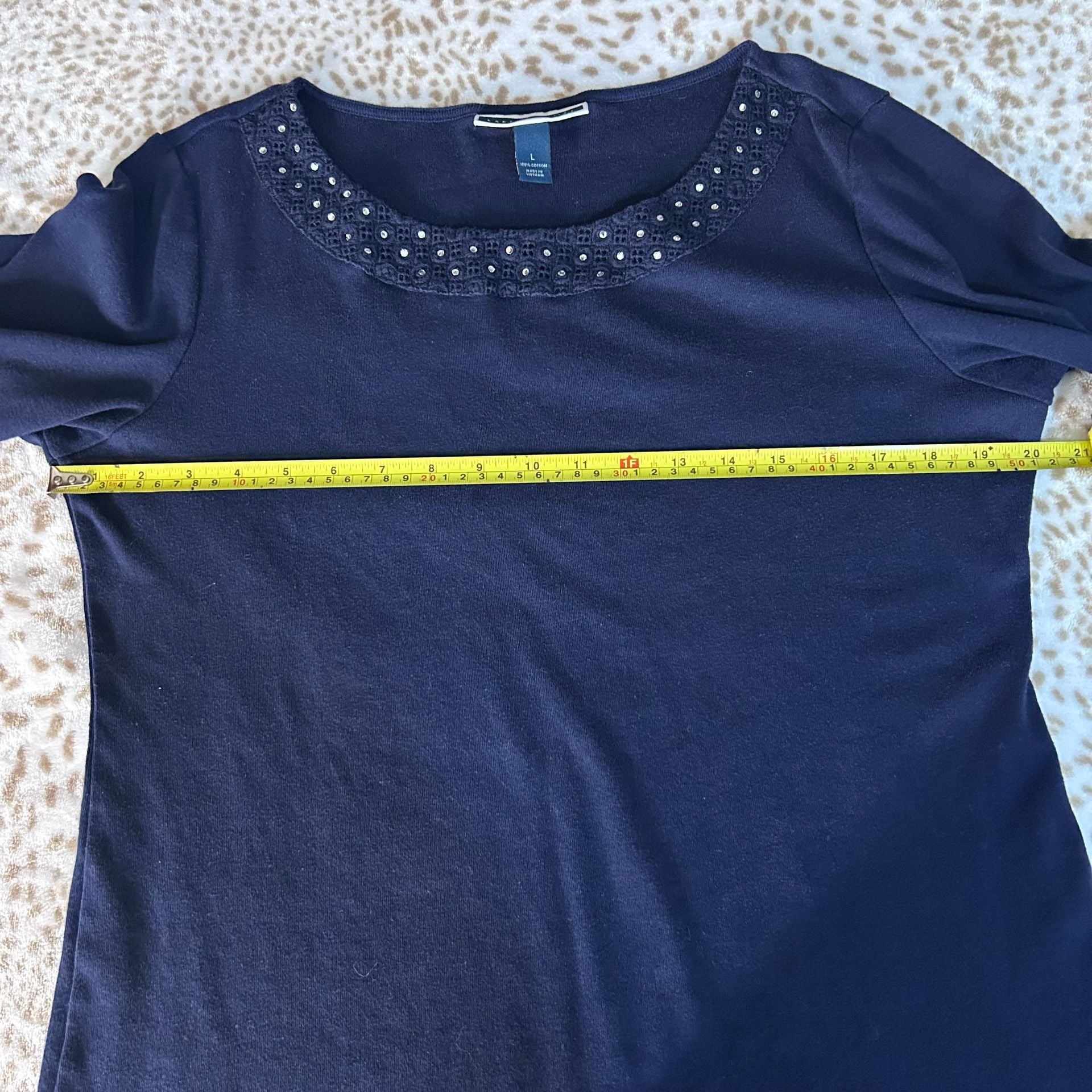 Karen Scott Embellished Neckline 3/4 Sleeve Top Size L Navy 6