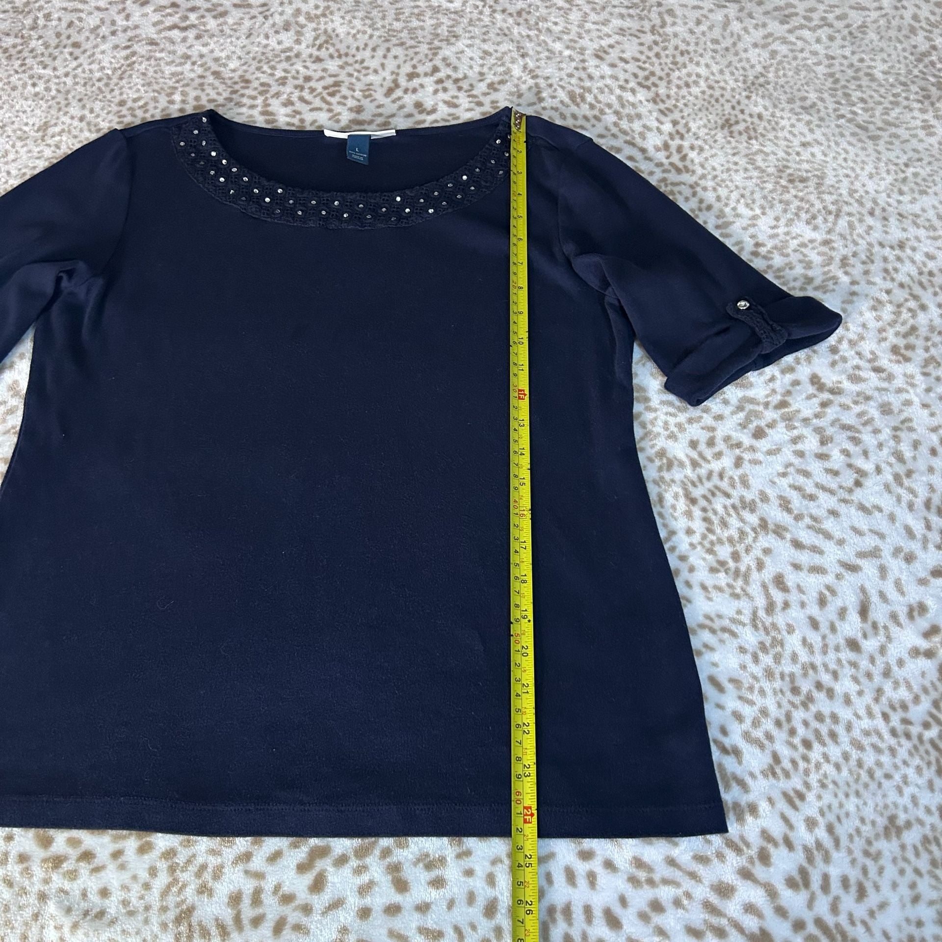Karen Scott Embellished Neckline 3/4 Sleeve Top Size L Navy 7