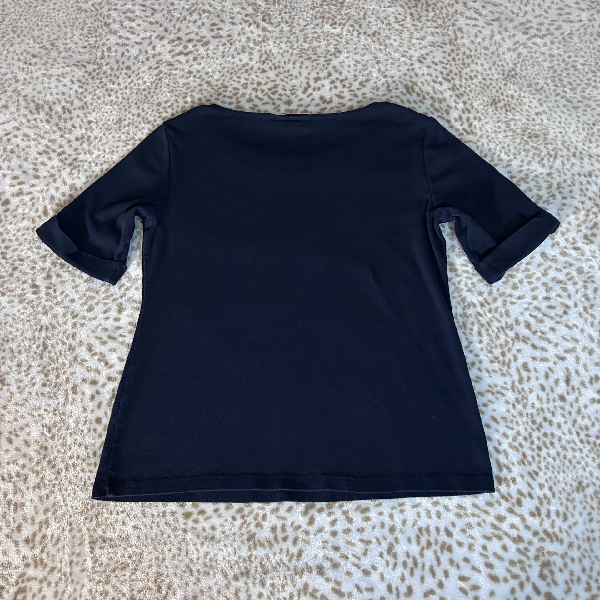 Karen Scott Embellished Neckline 3/4 Sleeve Top Size L Navy 8